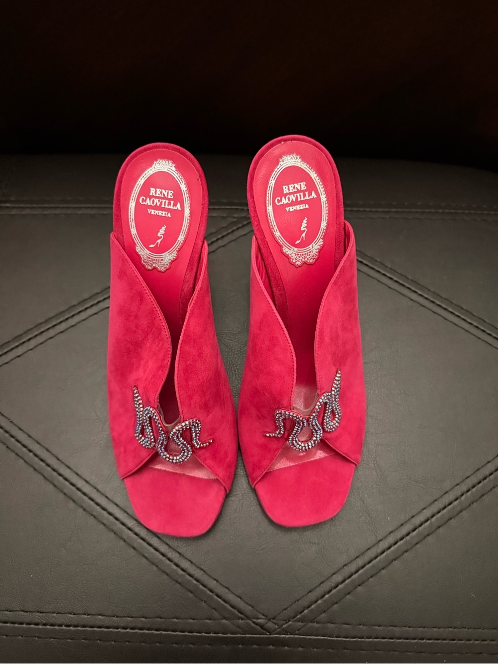 Rene Caovilla Fuchsia Suede Crystal Snake Slide Mules